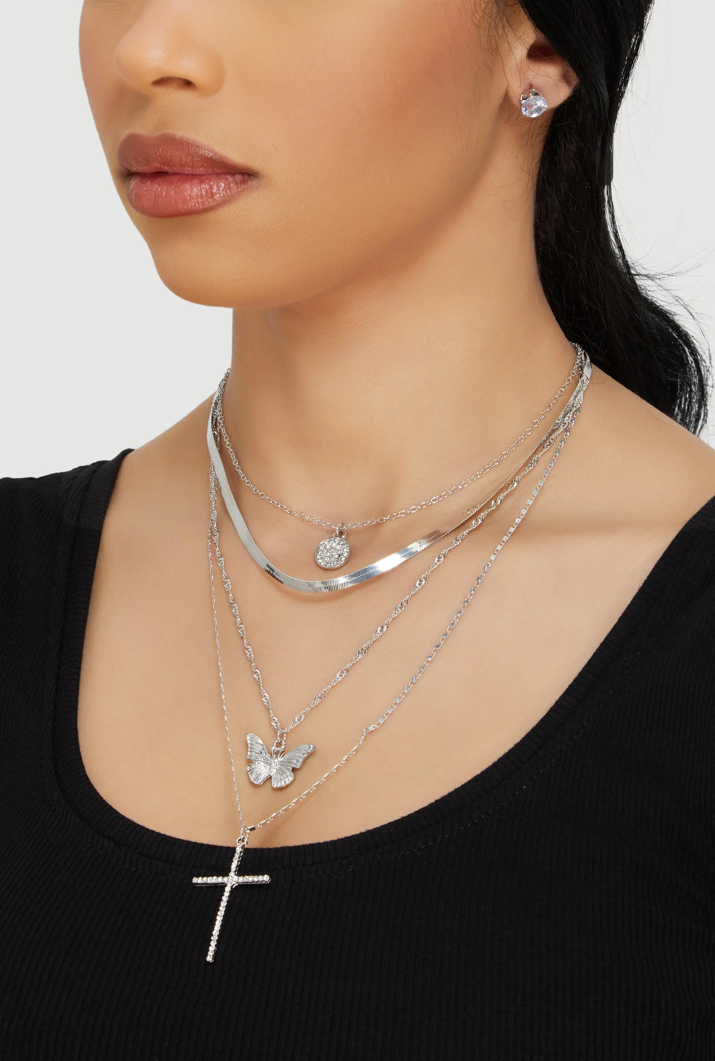 Cubic Zirconia Butterfly Cross Layered Necklace and Stud Earrings sold by Rainbow product image thumbnail 2