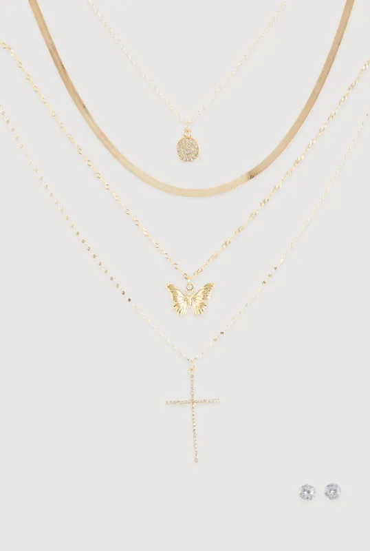Cubic Zirconia Butterfly Cross Layered Necklace and Stud Earrings sold by Rainbow
