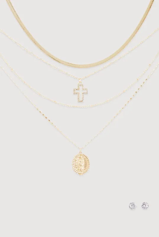 Cubic Zirconia Cross Layered Necklace and Stud Earrings Set made by Rainbow