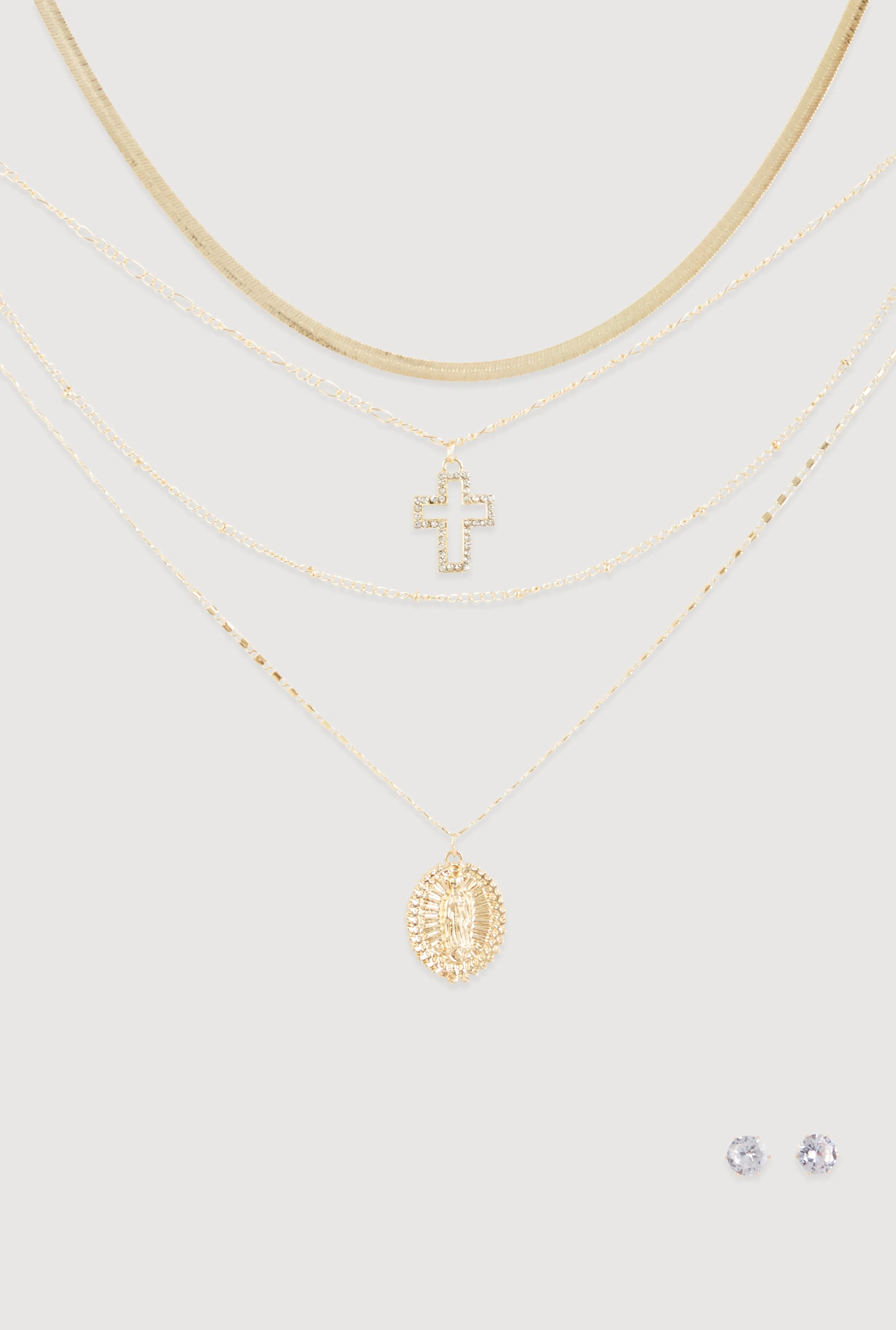 Cubic Zirconia Cross Layered Necklace and Stud Earrings Set sold by Rainbow