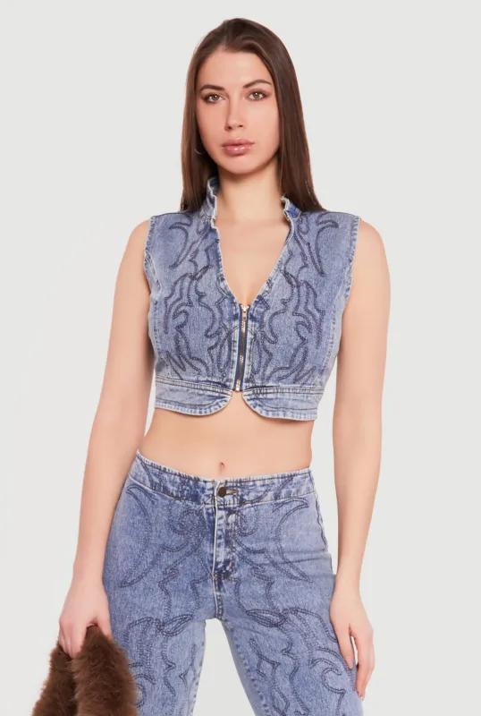 Decorative Stitch Zip Front Cropped Denim Vest sold by Rainbow