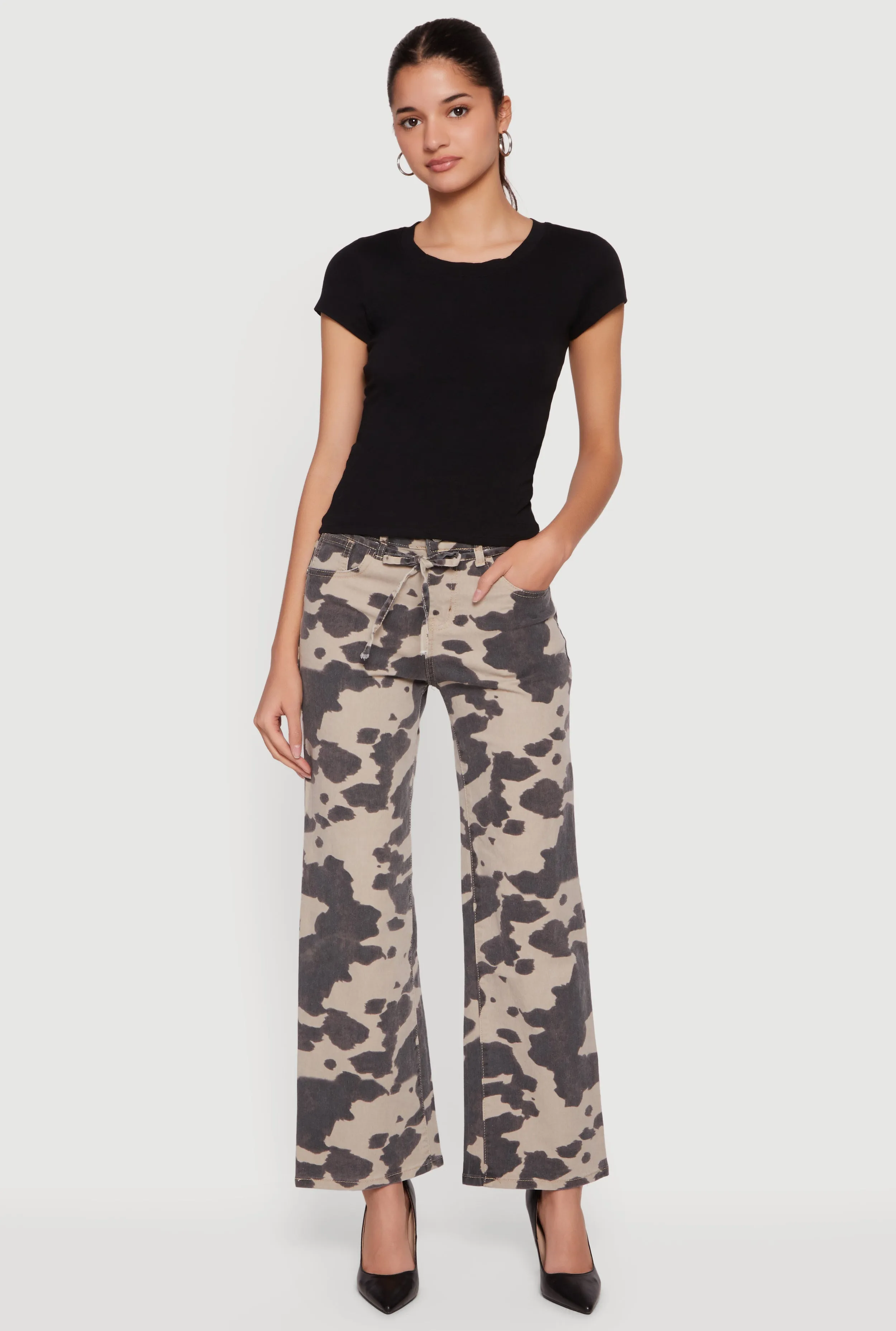 Cow Print Tie Waist Belted Wide Leg Pants sold by Rainbow