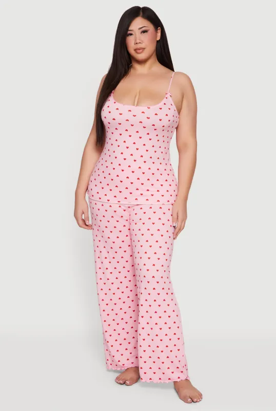 Plus Size Soft Knit Heart Print Pajama Cami and Pants Set sold by Rainbow