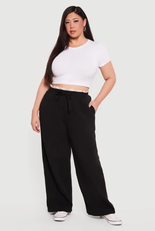Plus Size Lace Trim High Waisted Wide Leg Sweatpants sold by Rainbow