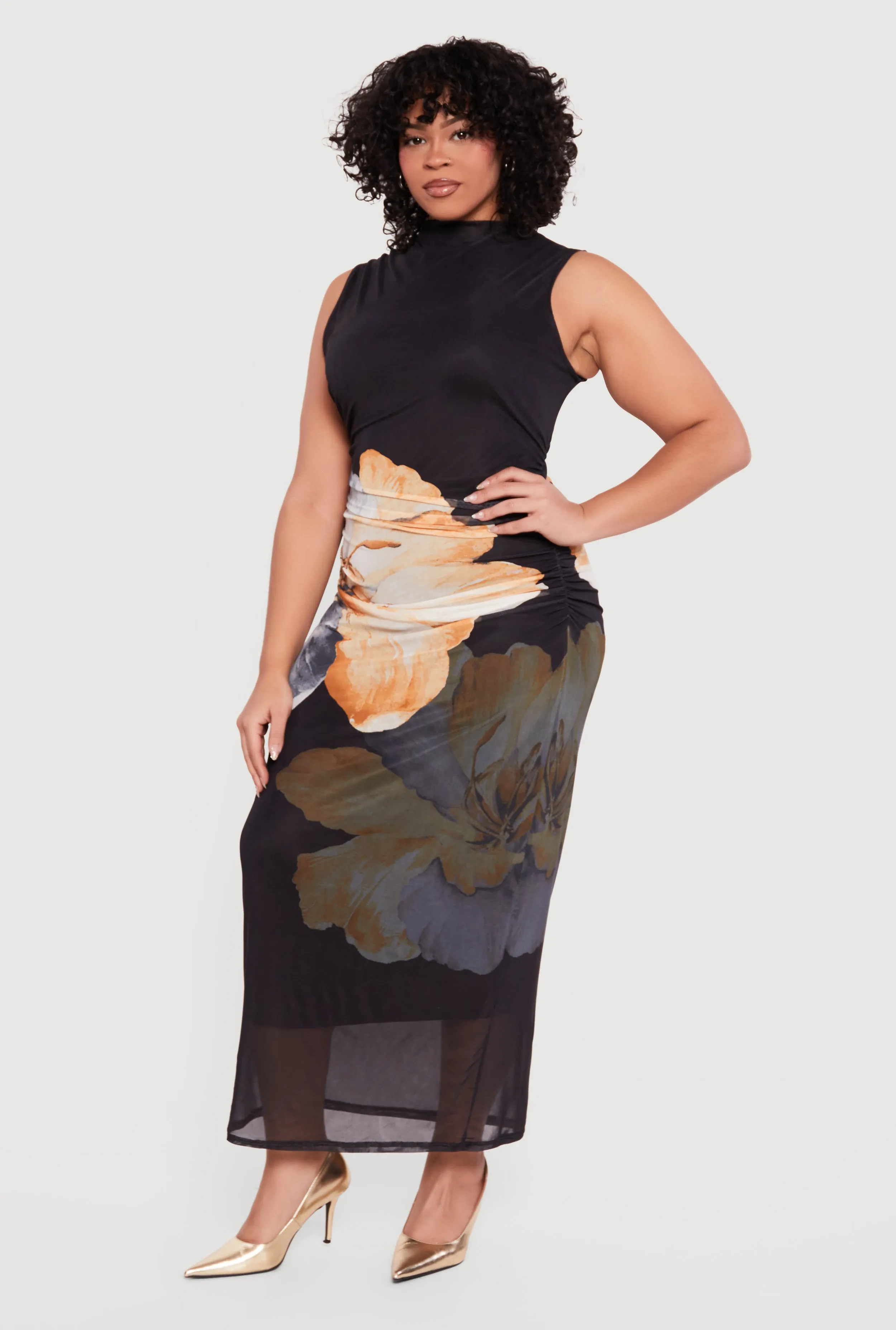 Plus Size Floral Mesh Overlay Side Ruched Maxi Dress sold by Rainbow product image thumbnail 2