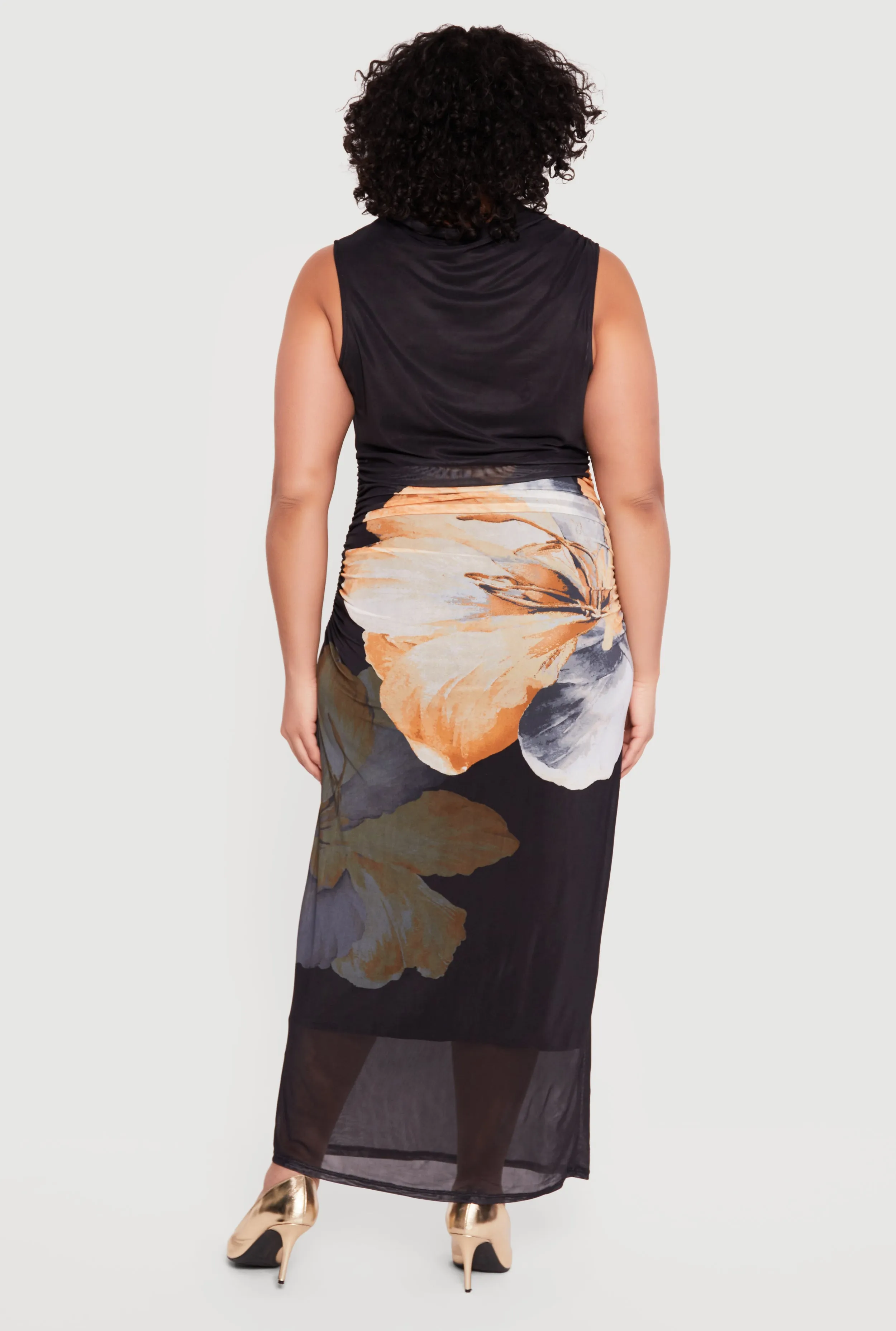 Plus Size Floral Mesh Overlay Side Ruched Maxi Dress sold by Rainbow product image thumbnail 3