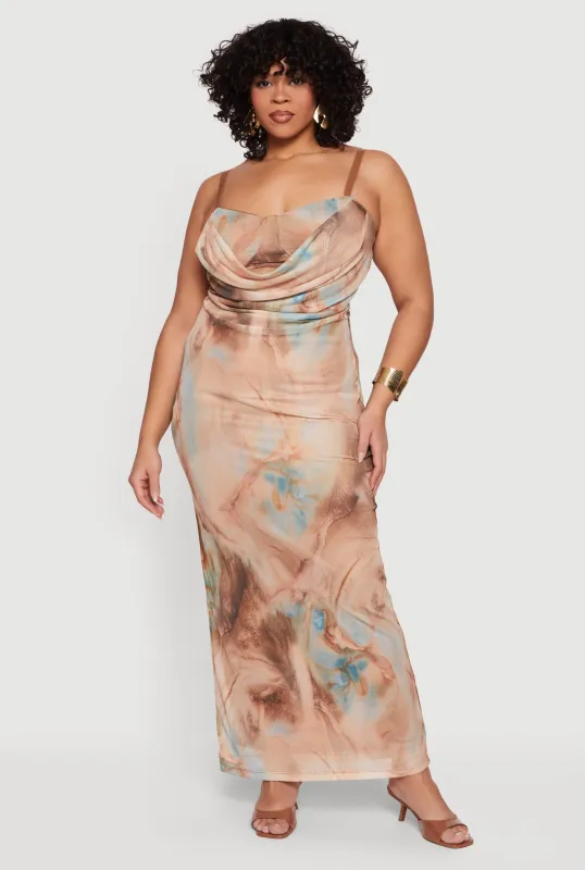 Plus Size Patterned Mesh Cowl Neck Bustier Dress made by Almost Famous