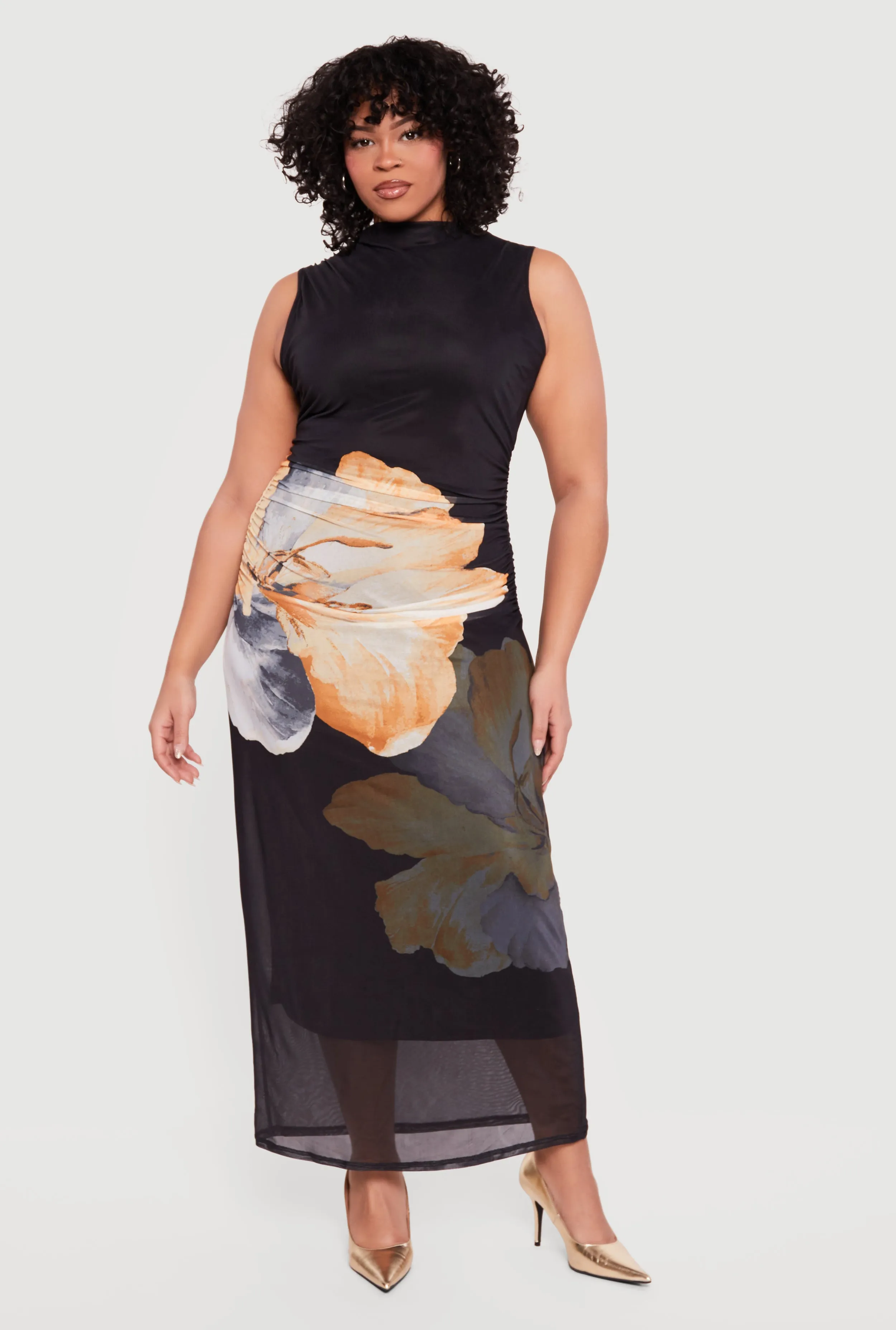 Plus Size Floral Mesh Overlay Side Ruched Maxi Dress sold by Rainbow product image thumbnail 2
