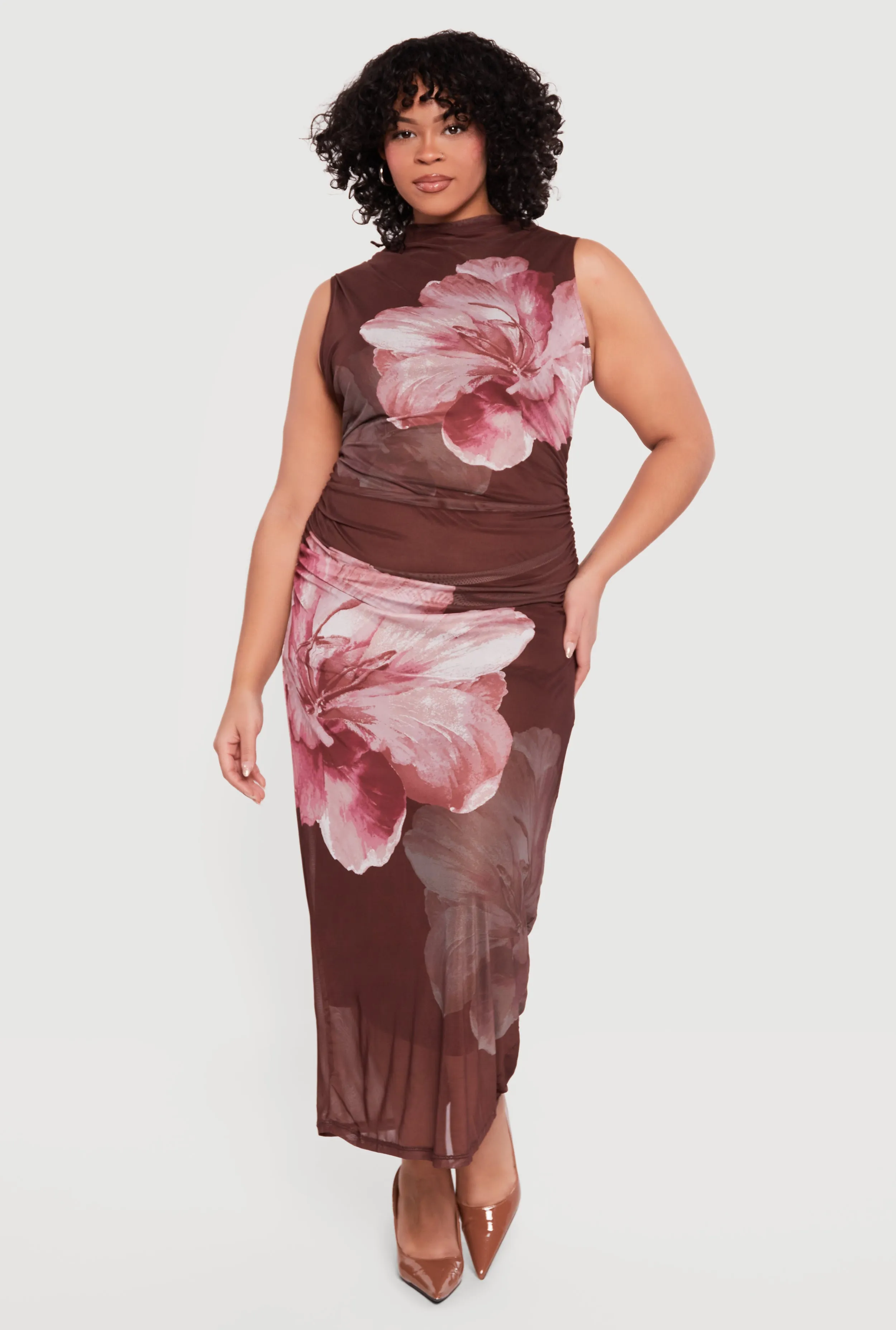Plus Size Floral Mesh Overlay Side Ruched Maxi Dress sold by Rainbow product image thumbnail 3