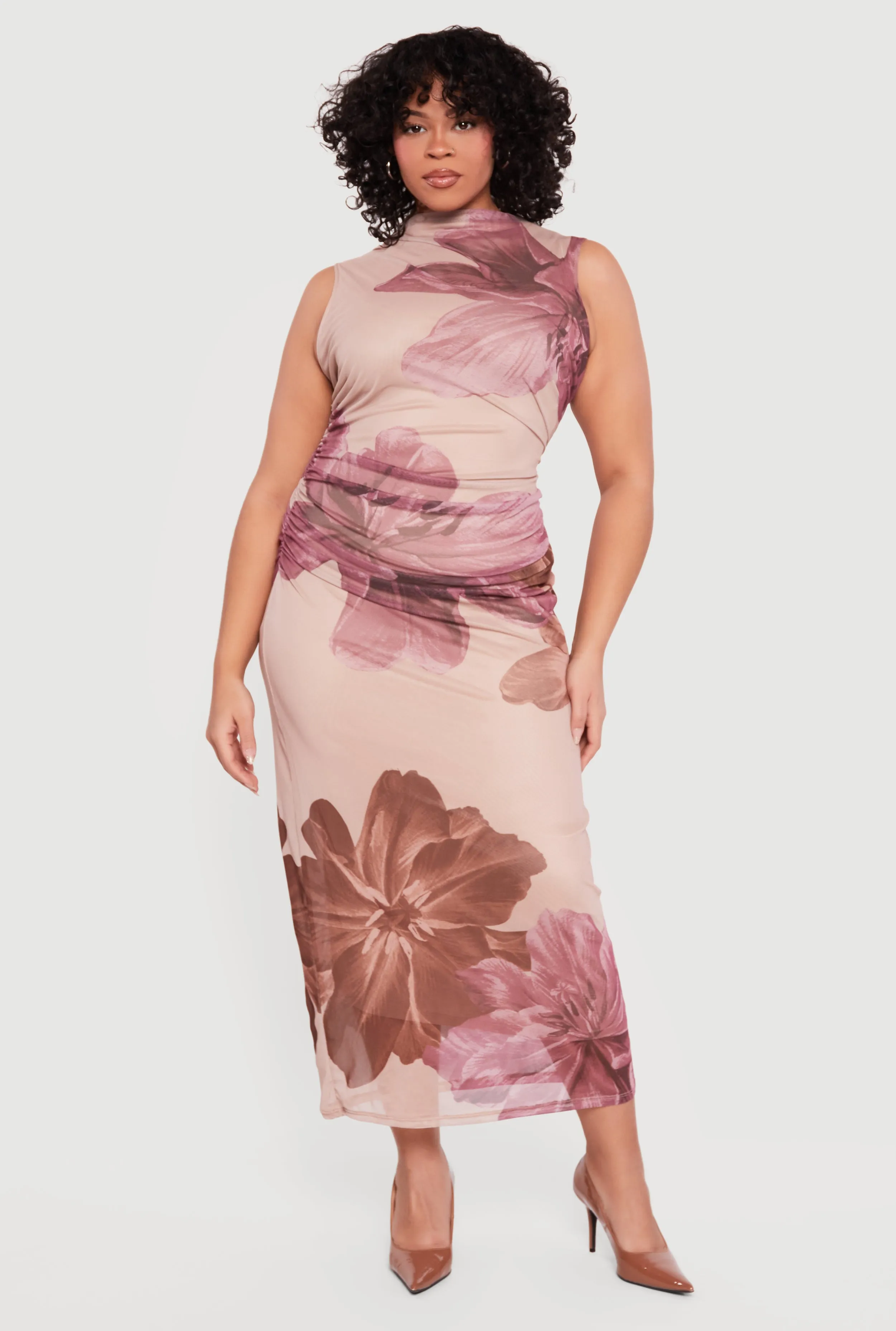 Plus Size Floral Mesh Overlay Side Ruched Maxi Dress sold by Rainbow
