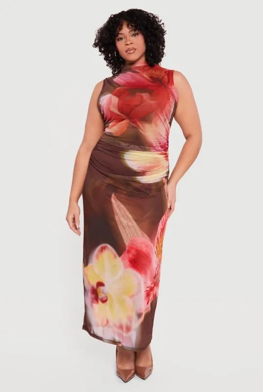 Plus Size Almost Famous Sleeveless Ruched Floral Maxi Dress sold by Rainbow