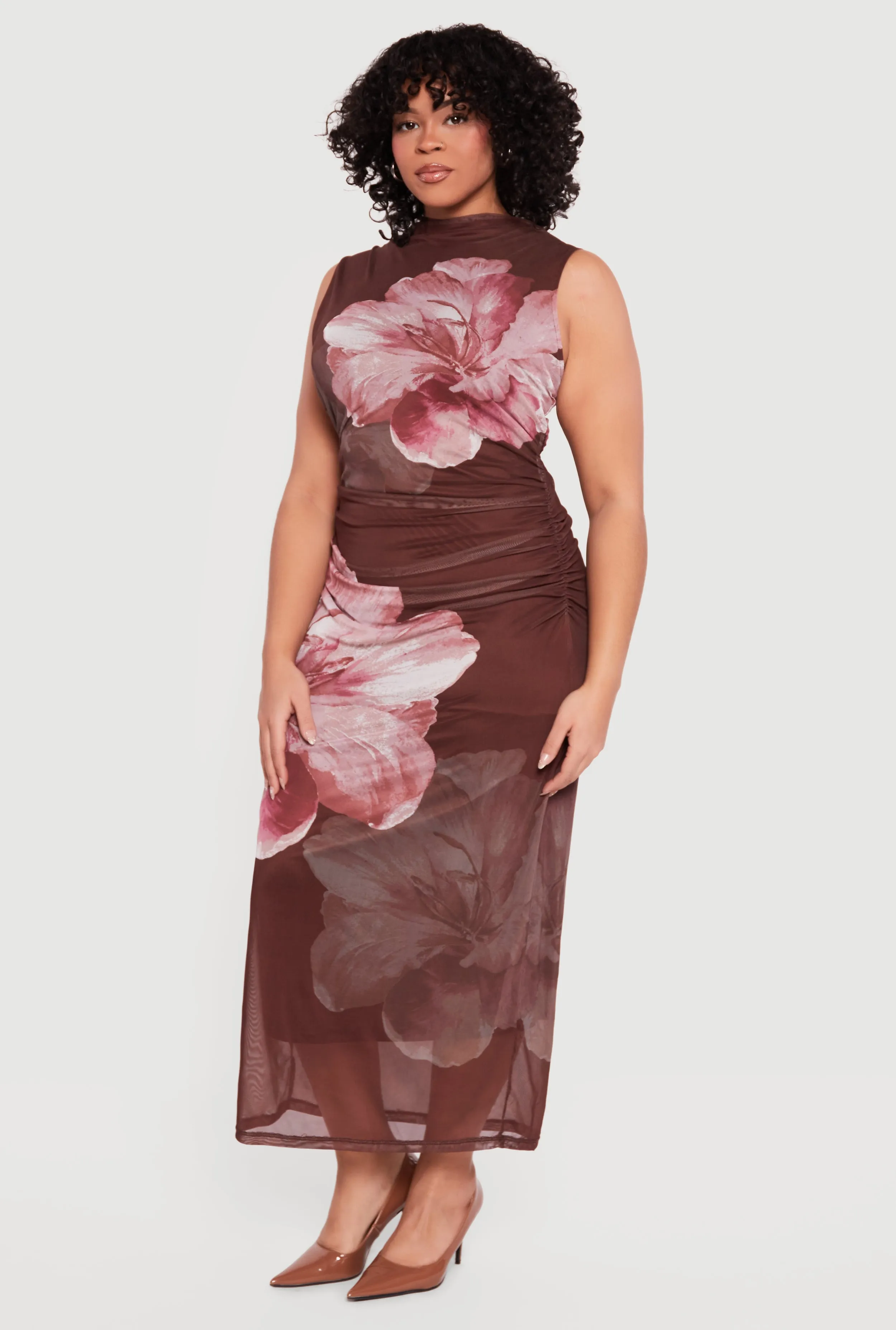 Plus Size Floral Mesh Overlay Side Ruched Maxi Dress sold by Rainbow product image thumbnail 2