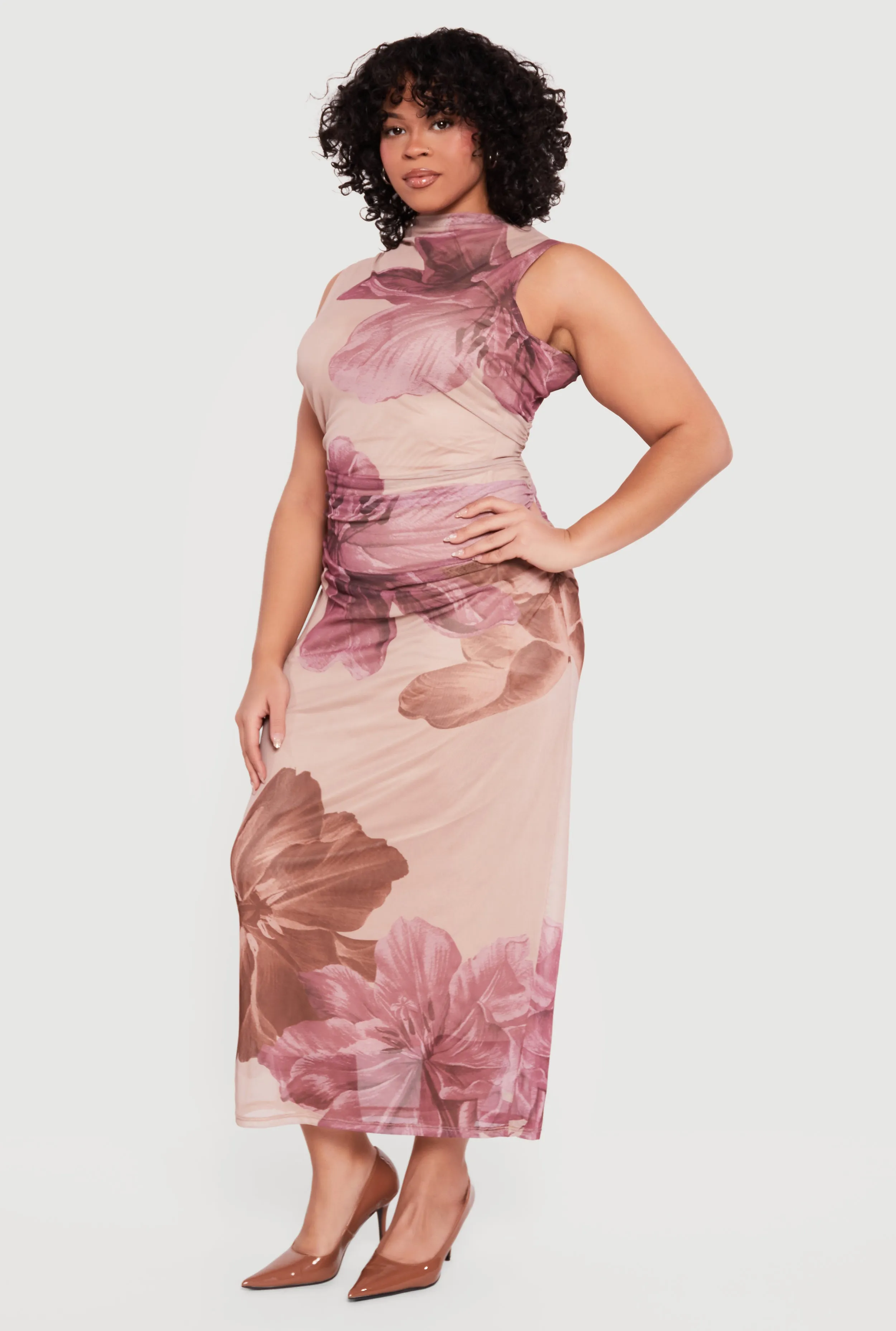 Plus Size Floral Mesh Overlay Side Ruched Maxi Dress sold by Rainbow product image thumbnail 2