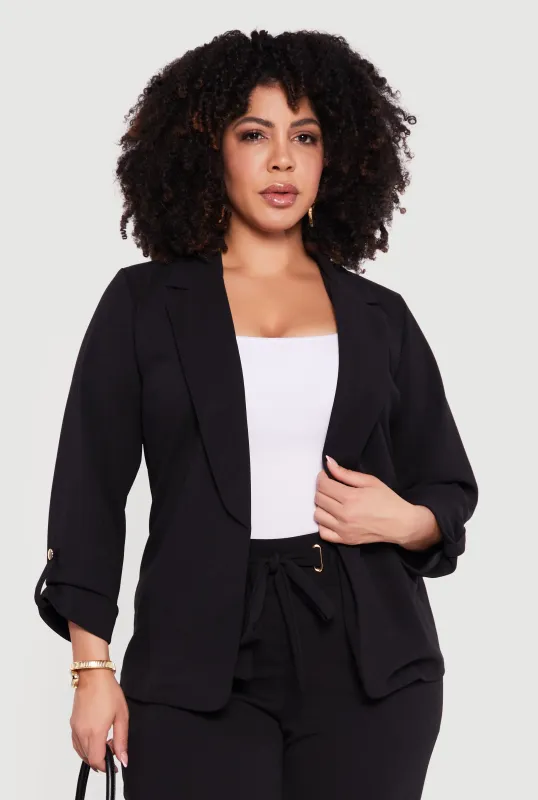 Plus Size Crepe Knit Open Front Tab Sleeve Blazer sold by Rainbow