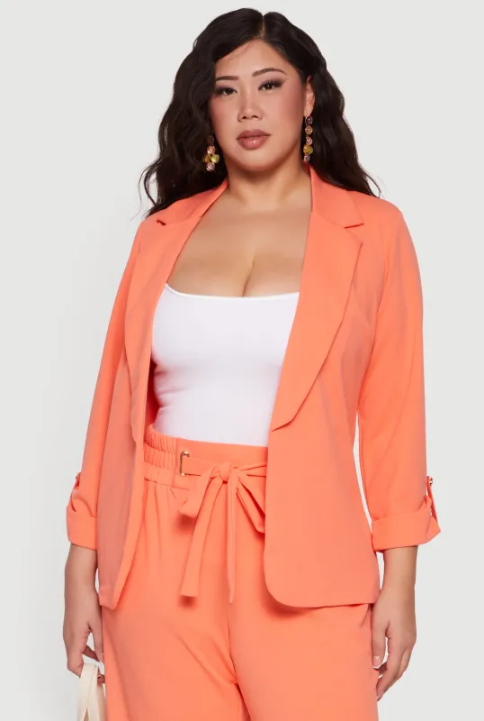 Plus Size Crepe Knit Open Front Tab Sleeve Blazer sold by Rainbow