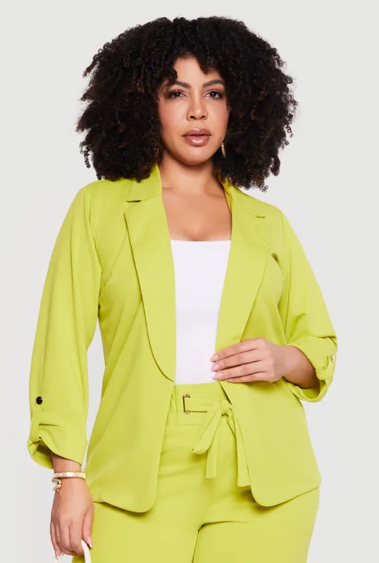 Plus Size Crepe Knit Open Front Tab Sleeve Blazer sold by Rainbow