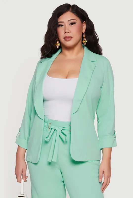 Plus Size Crepe Knit Open Front Tab Sleeve Blazer sold by Rainbow