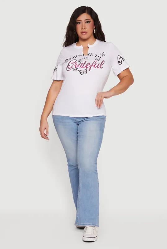 Plus Size Choose To Be Grateful Notch Neck Graphic Tee sold by Rainbow
