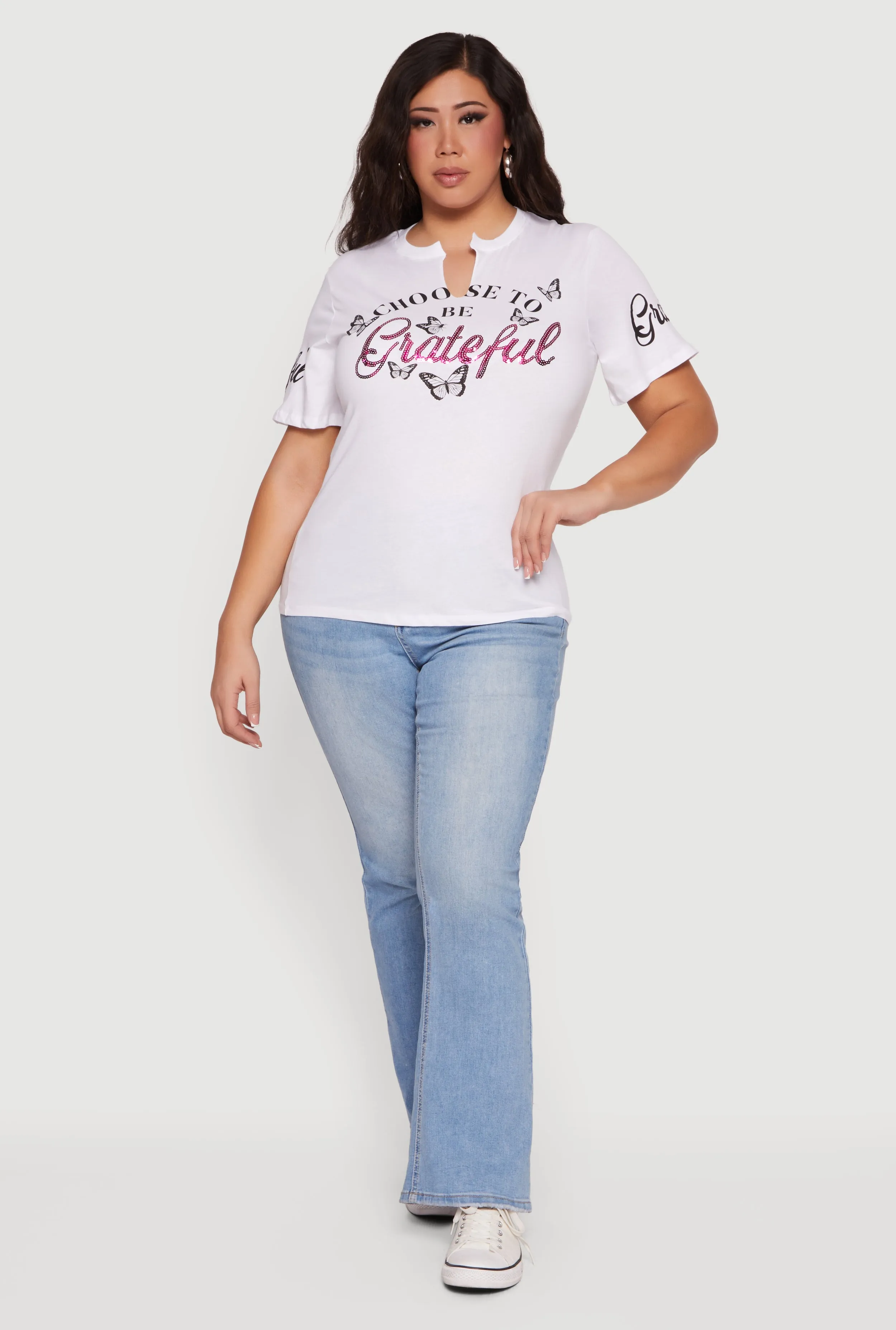 Plus Size Choose To Be Grateful Notch Neck Graphic Tee sold by Rainbow