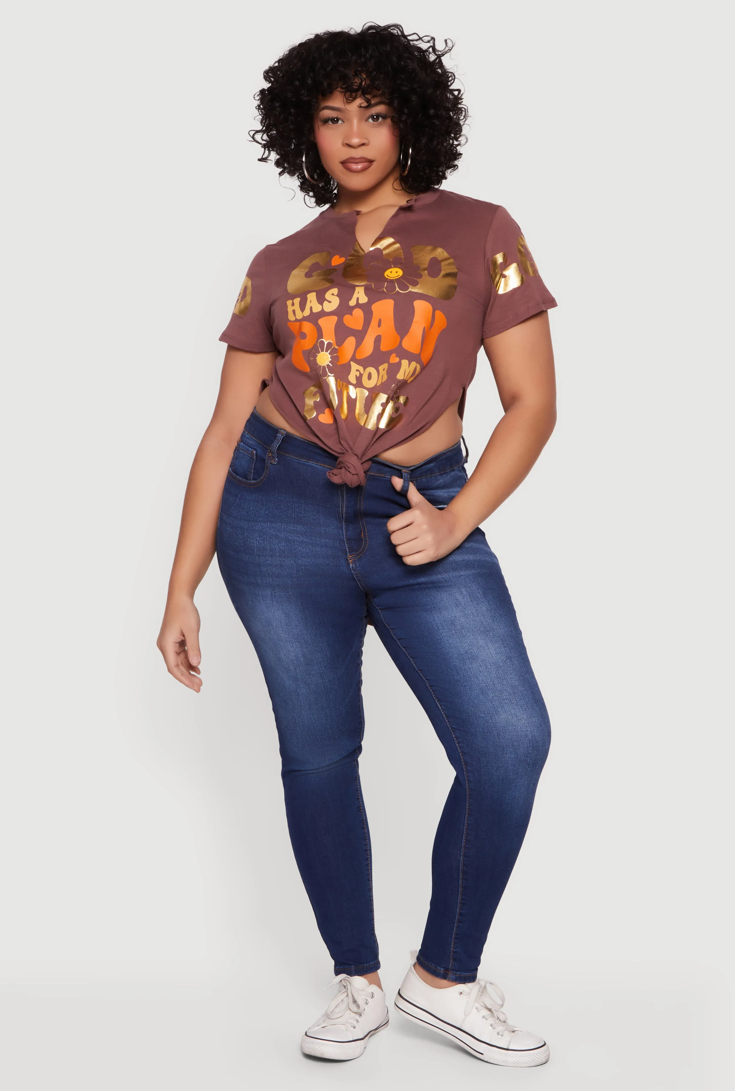 Plus Size God Has A Plan For My Future Knot Front T-Shirt sold by Rainbow
