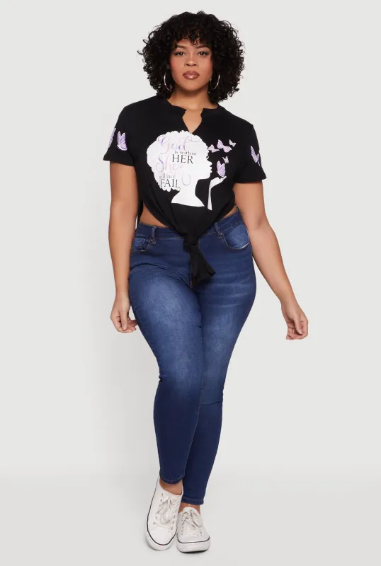 Plus Size God Is Within Her She Will Not Fail Knot Front Tee sold by Rainbow