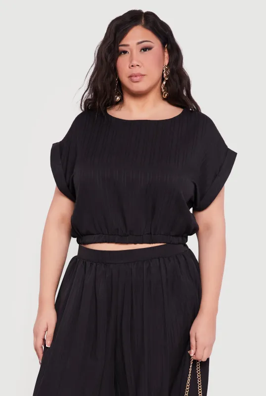 Plus Size Textured Knit Boat Neck Bubble Hem Crop Top made by Rainbow