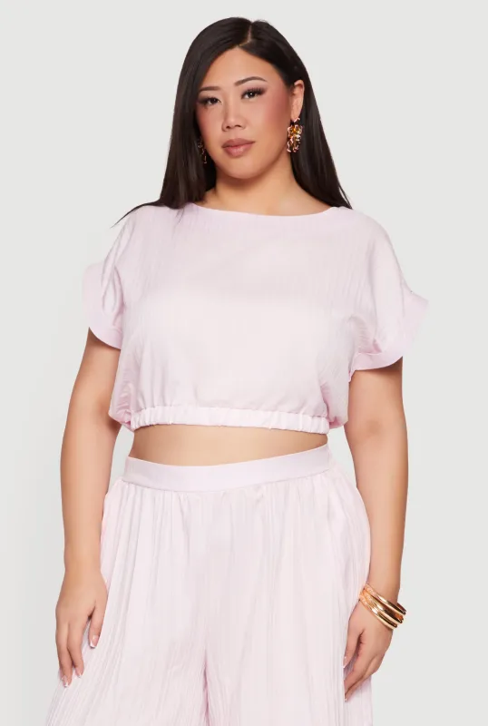 Plus Size Textured Knit Boat Neck Bubble Hem Crop Top made by Rainbow