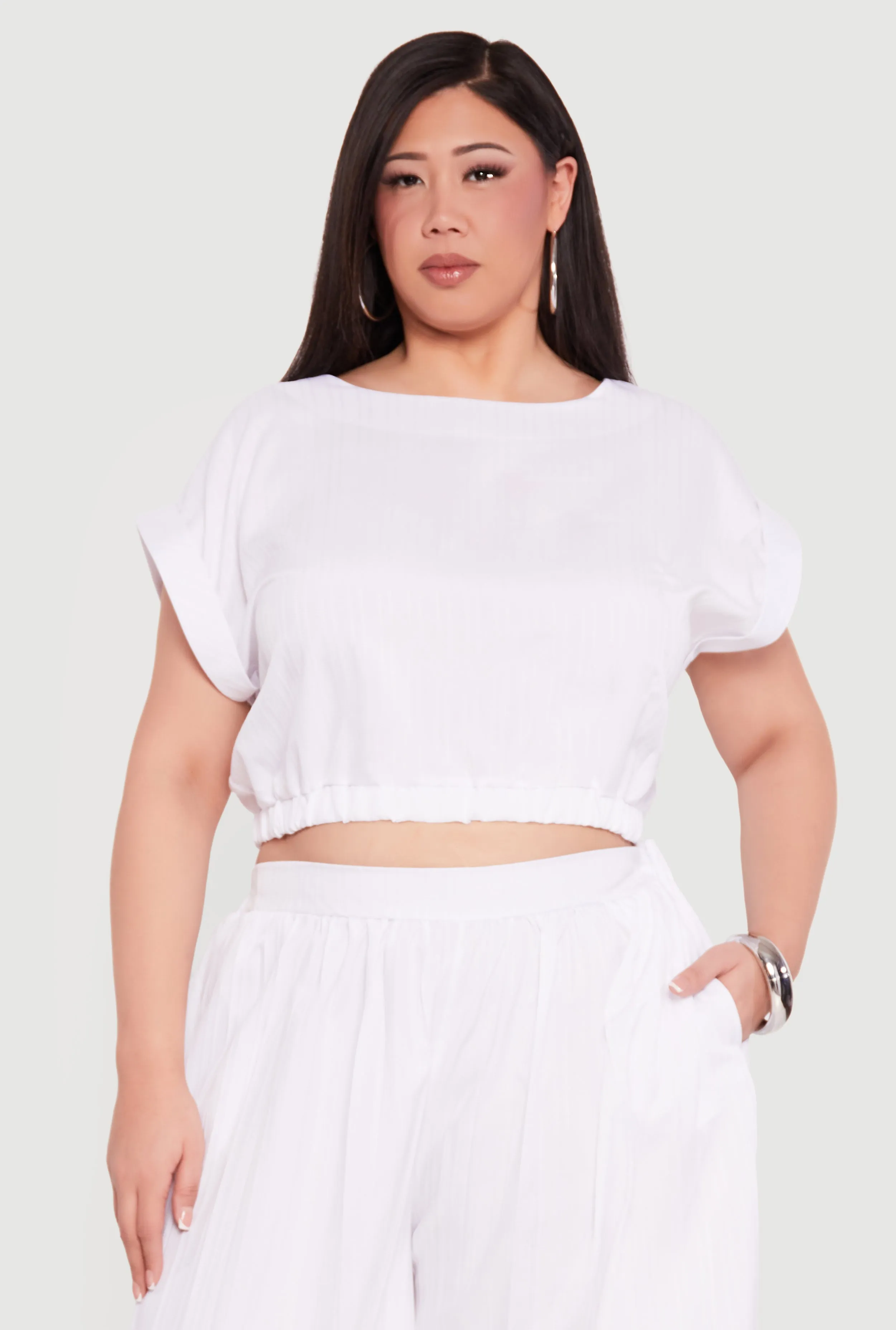 Plus Size Textured Knit Boat Neck Bubble Hem Crop Top sold by Rainbow