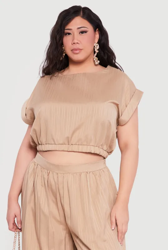 Plus Size Textured Knit Boat Neck Bubble Hem Crop Top made by Rainbow