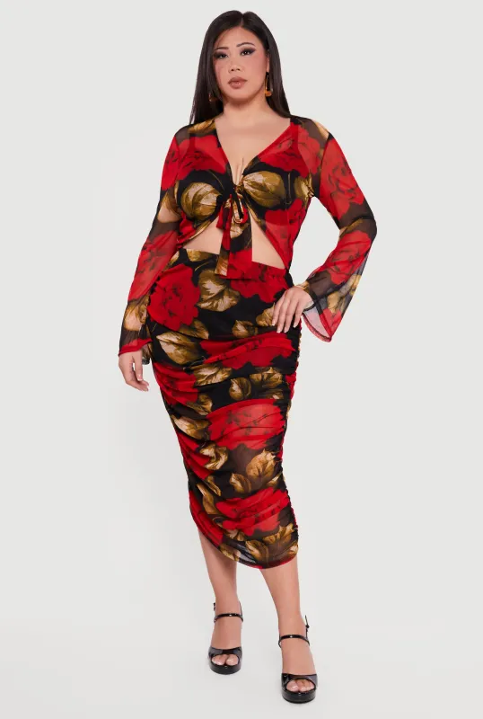 Plus Size Patterned Ruched Mesh Midi Skirt made by Rainbow