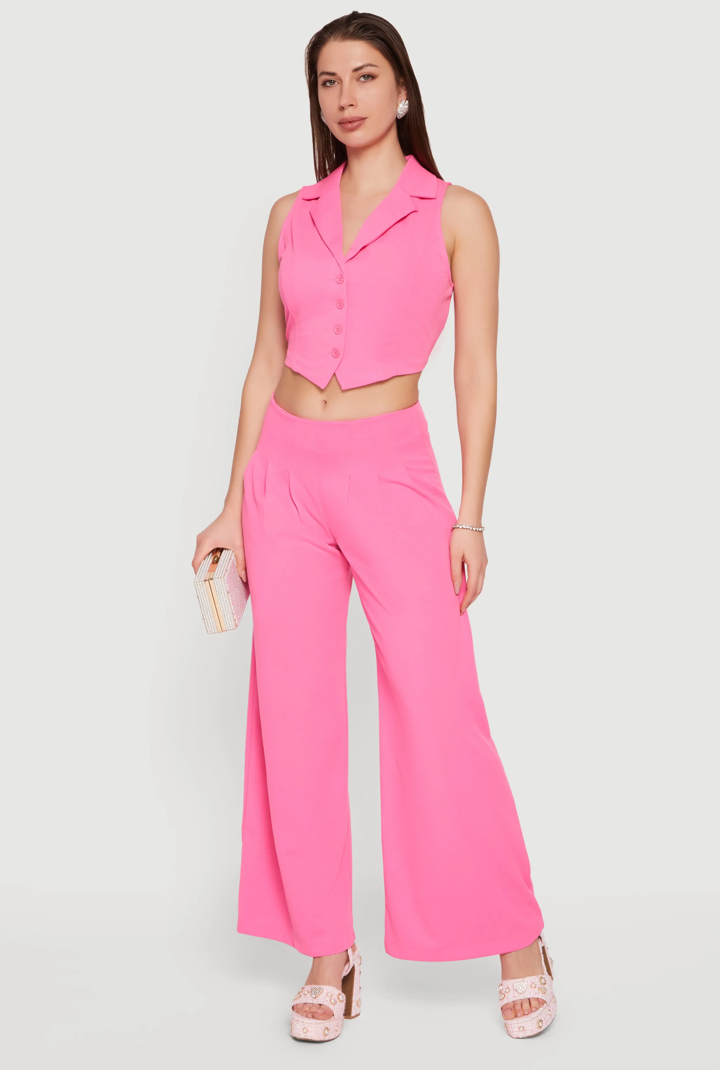 Solid Crepe Knit Pleated Wide Leg Palazzo Pants sold by Rainbow