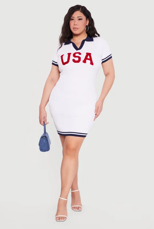 Plus Size USA Graphic Short Sleeve Polo Sweater Dress sold by Rainbow