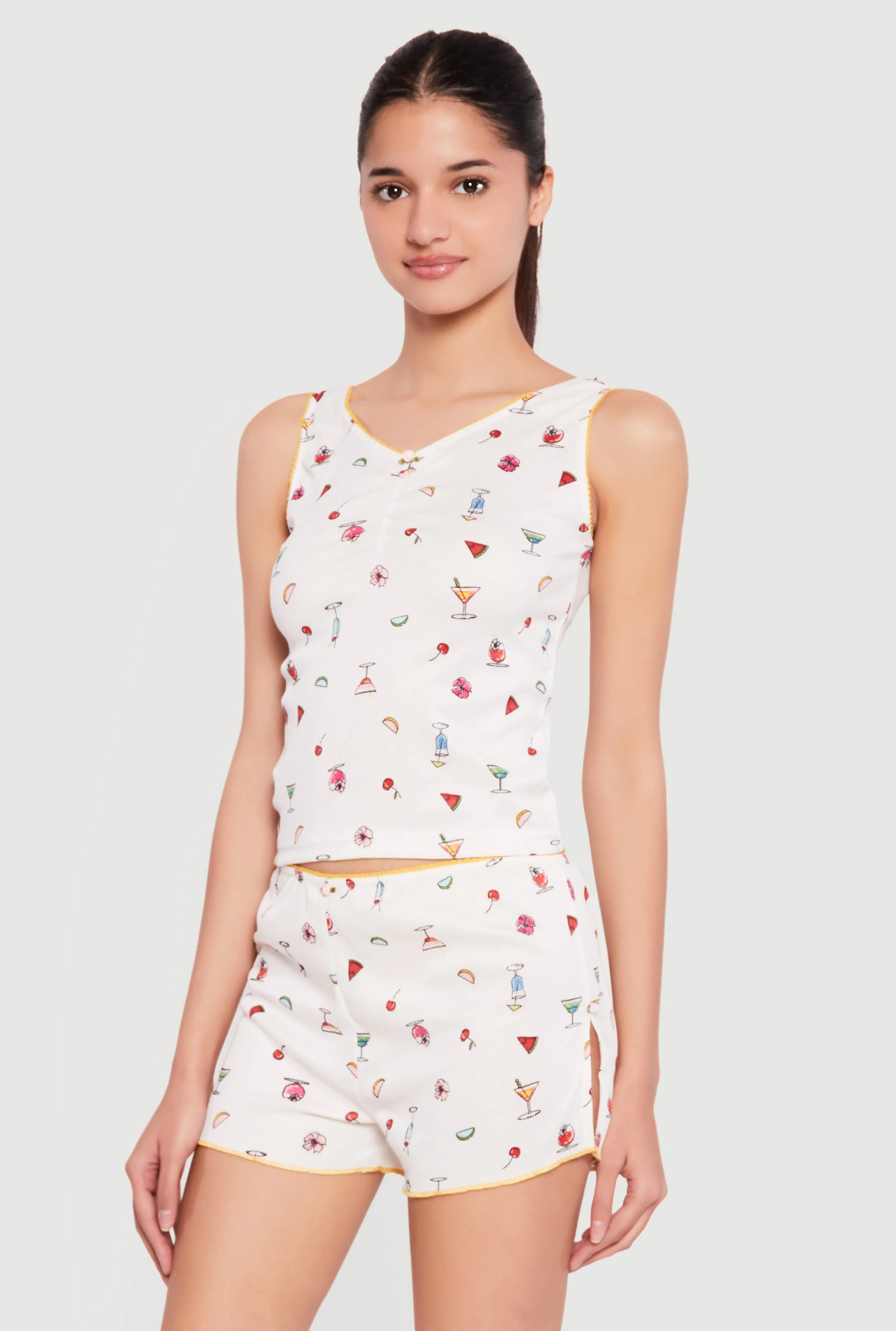 Martini Print Rib Knit Cropped Pajama Top and Shorts sold by Rainbow