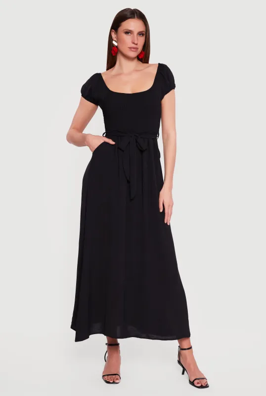 Puff Cap Sleeve Smocked Maxi Dress with Tie Waist Belt sold by Rainbow