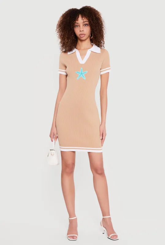 Starfish Patch Short Sleeve Polo Sweater Dress sold by Rainbow