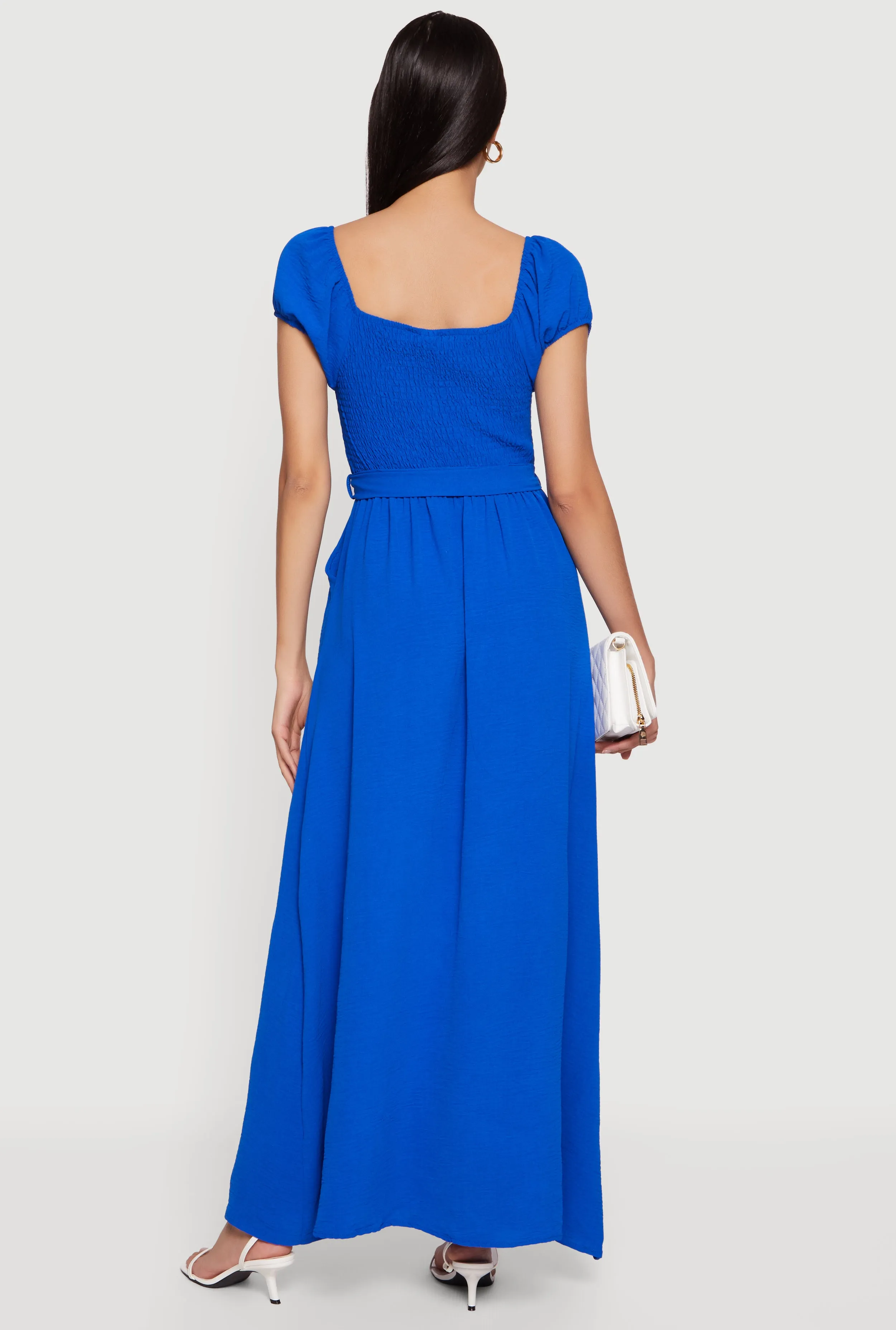 Puff Cap Sleeve Smocked Maxi Dress with Tie Waist Belt sold by Rainbow product image thumbnail 3