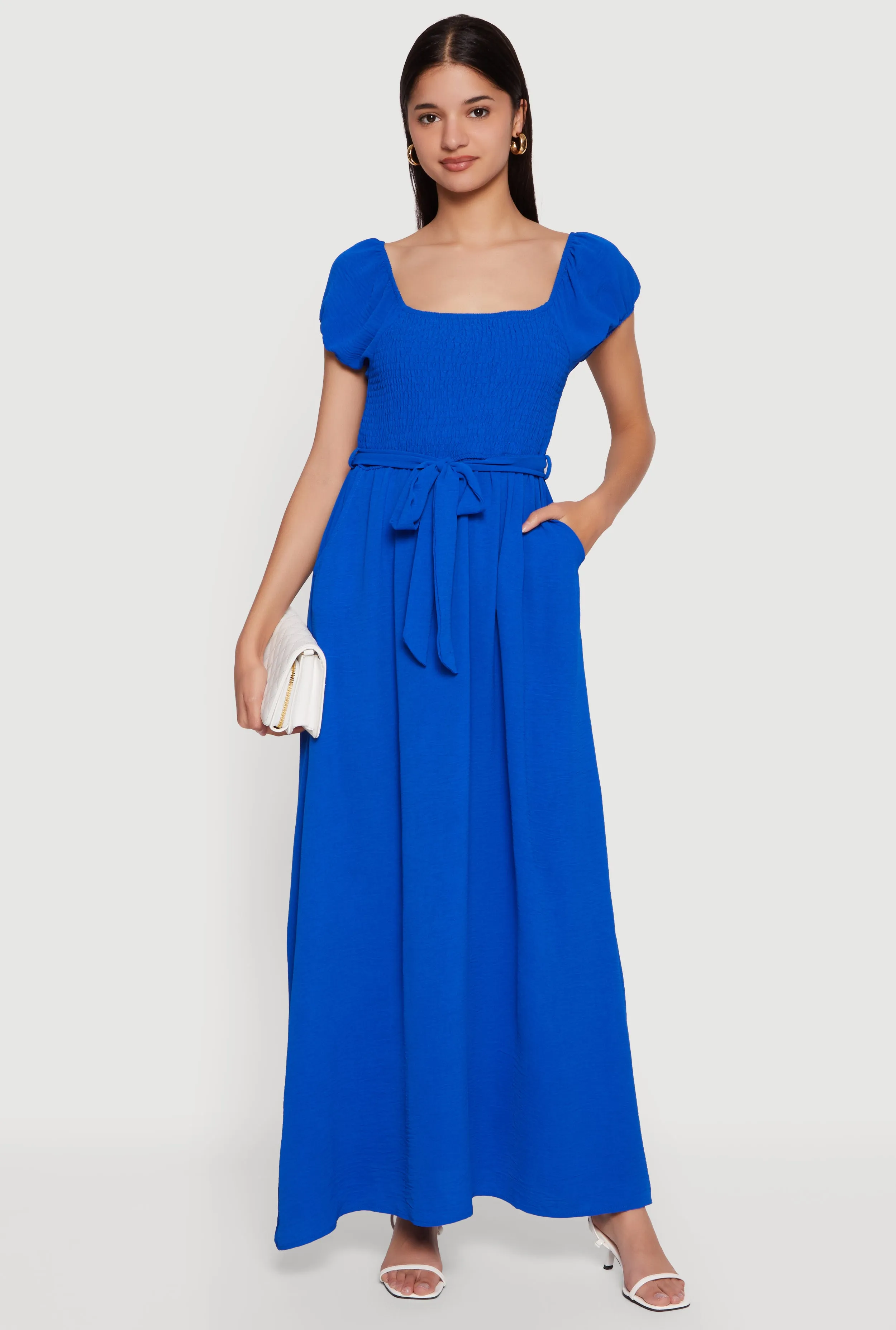 Puff Cap Sleeve Smocked Maxi Dress with Tie Waist Belt sold by Rainbow