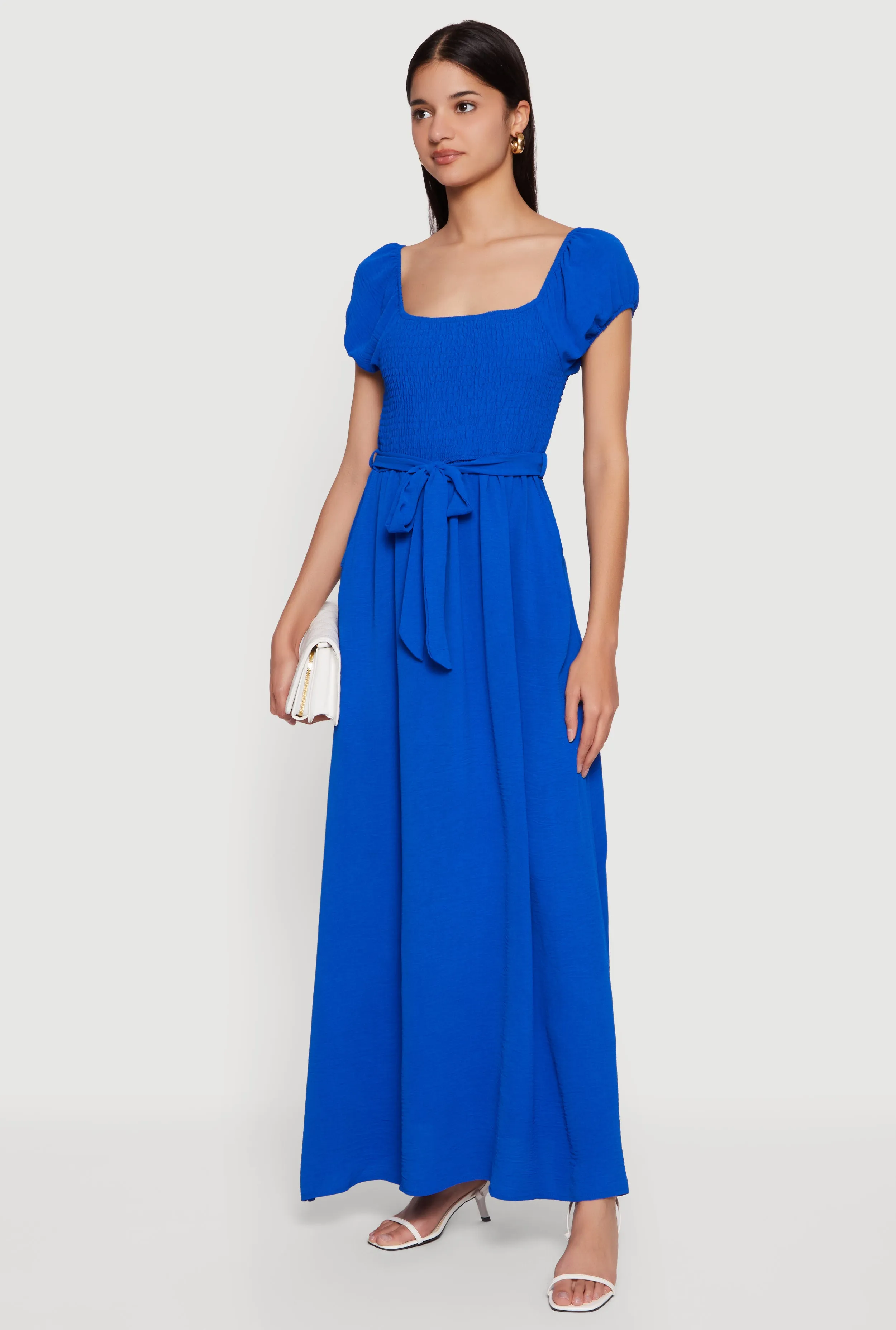 Puff Cap Sleeve Smocked Maxi Dress with Tie Waist Belt sold by Rainbow product image thumbnail 2
