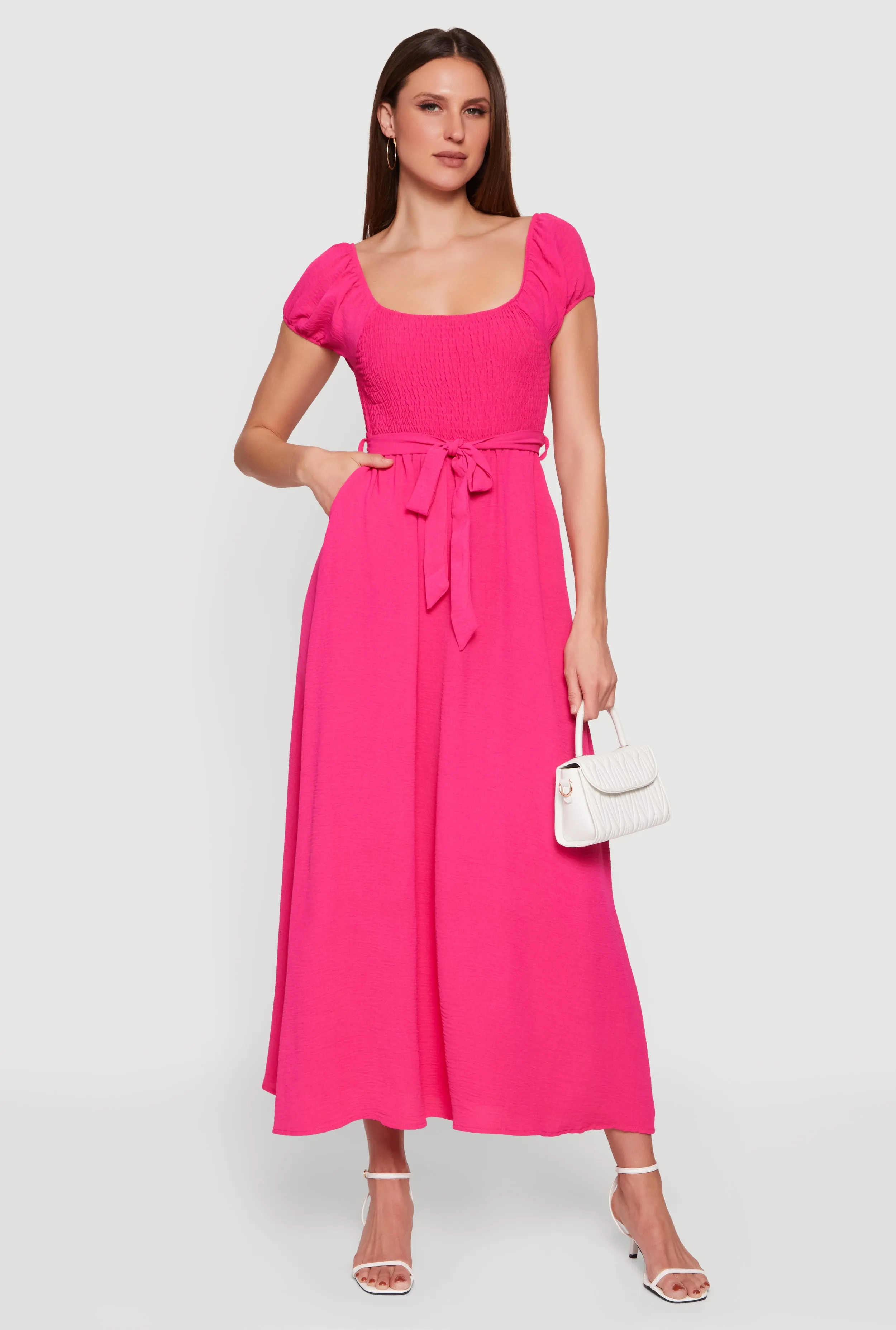 Puff Cap Sleeve Smocked Maxi Dress with Tie Waist Belt sold by Rainbow
