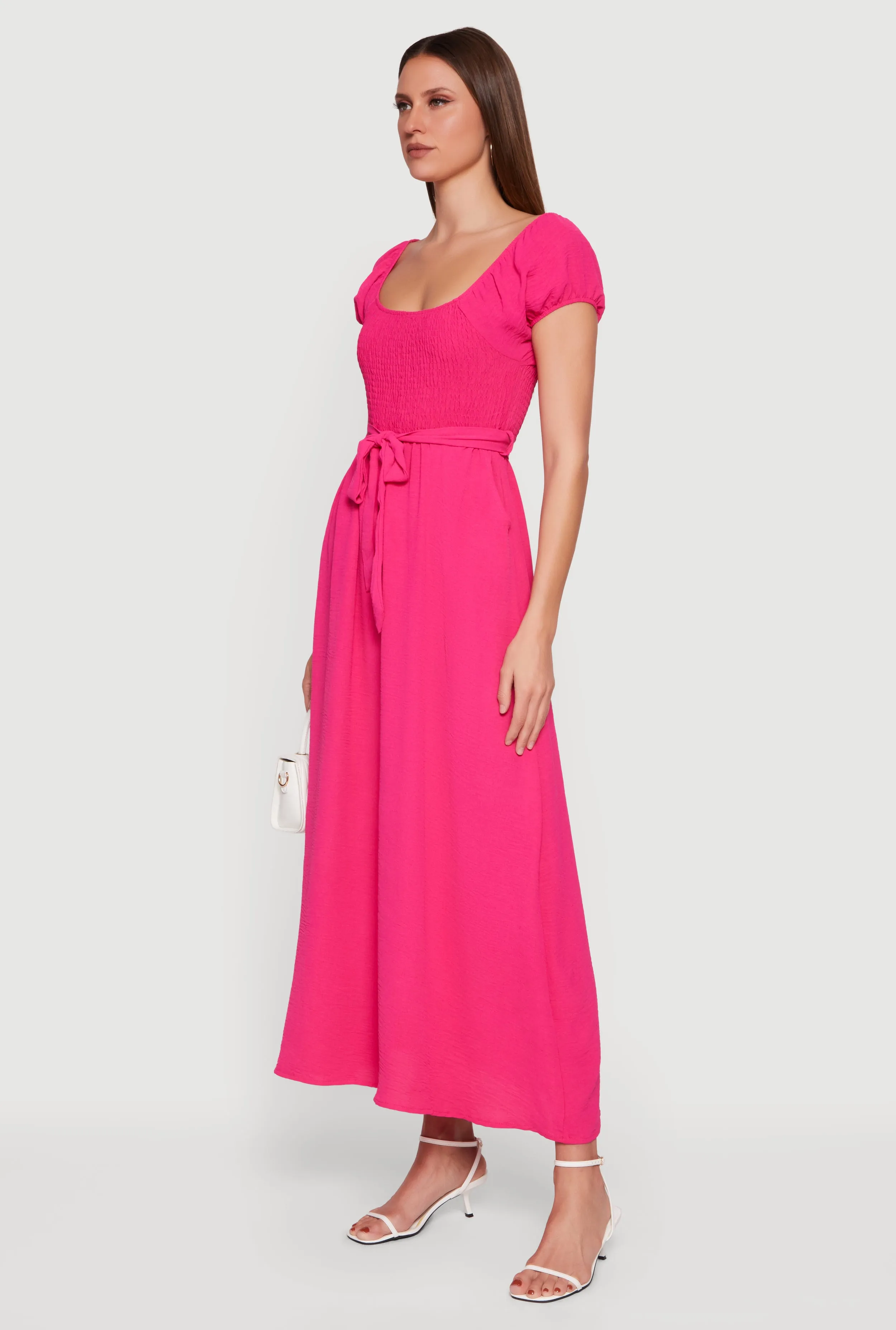 Puff Cap Sleeve Smocked Maxi Dress with Tie Waist Belt sold by Rainbow product image thumbnail 2