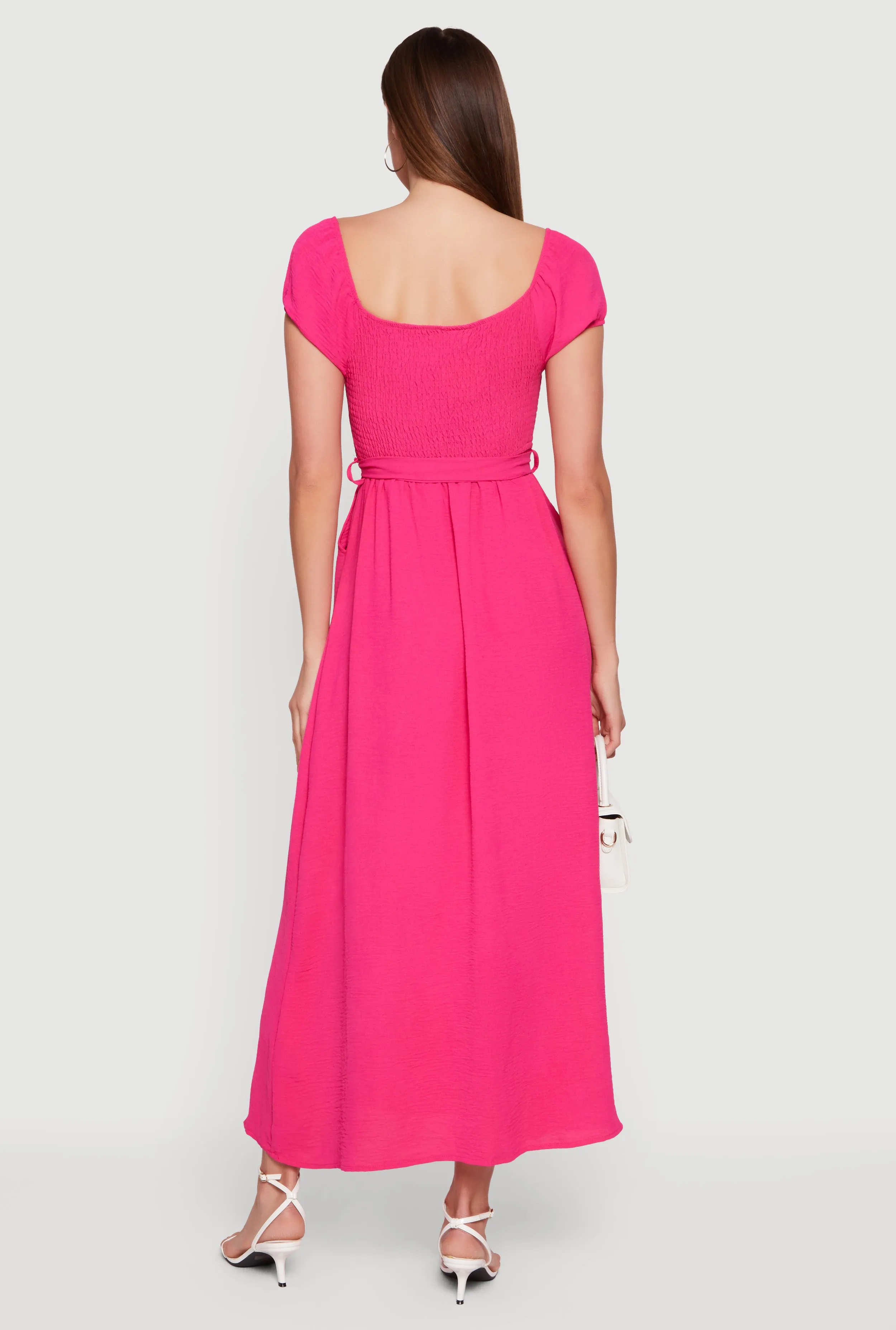 Puff Cap Sleeve Smocked Maxi Dress with Tie Waist Belt sold by Rainbow product image thumbnail 3