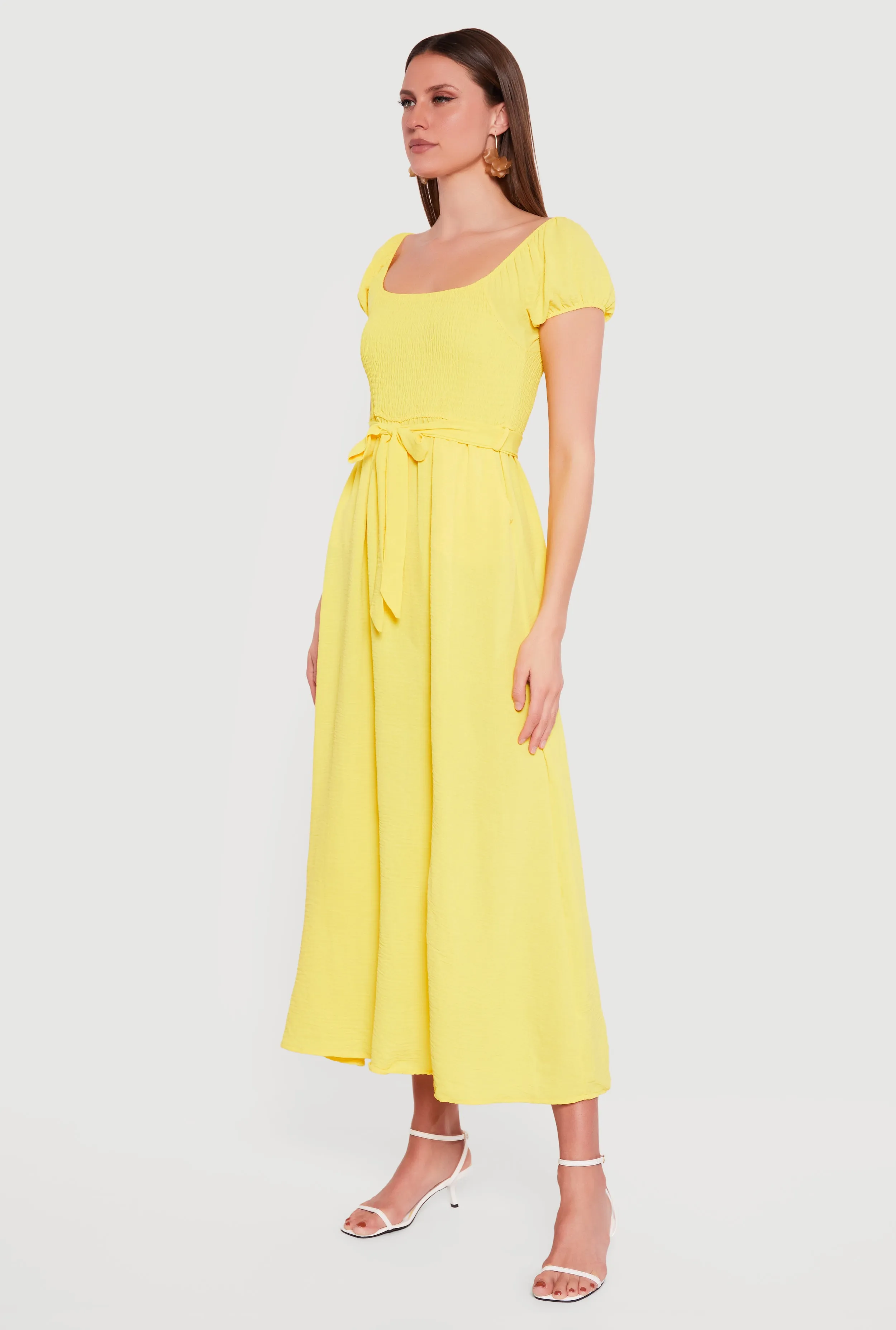 Puff Cap Sleeve Smocked Maxi Dress with Tie Waist Belt sold by Rainbow product image thumbnail 2