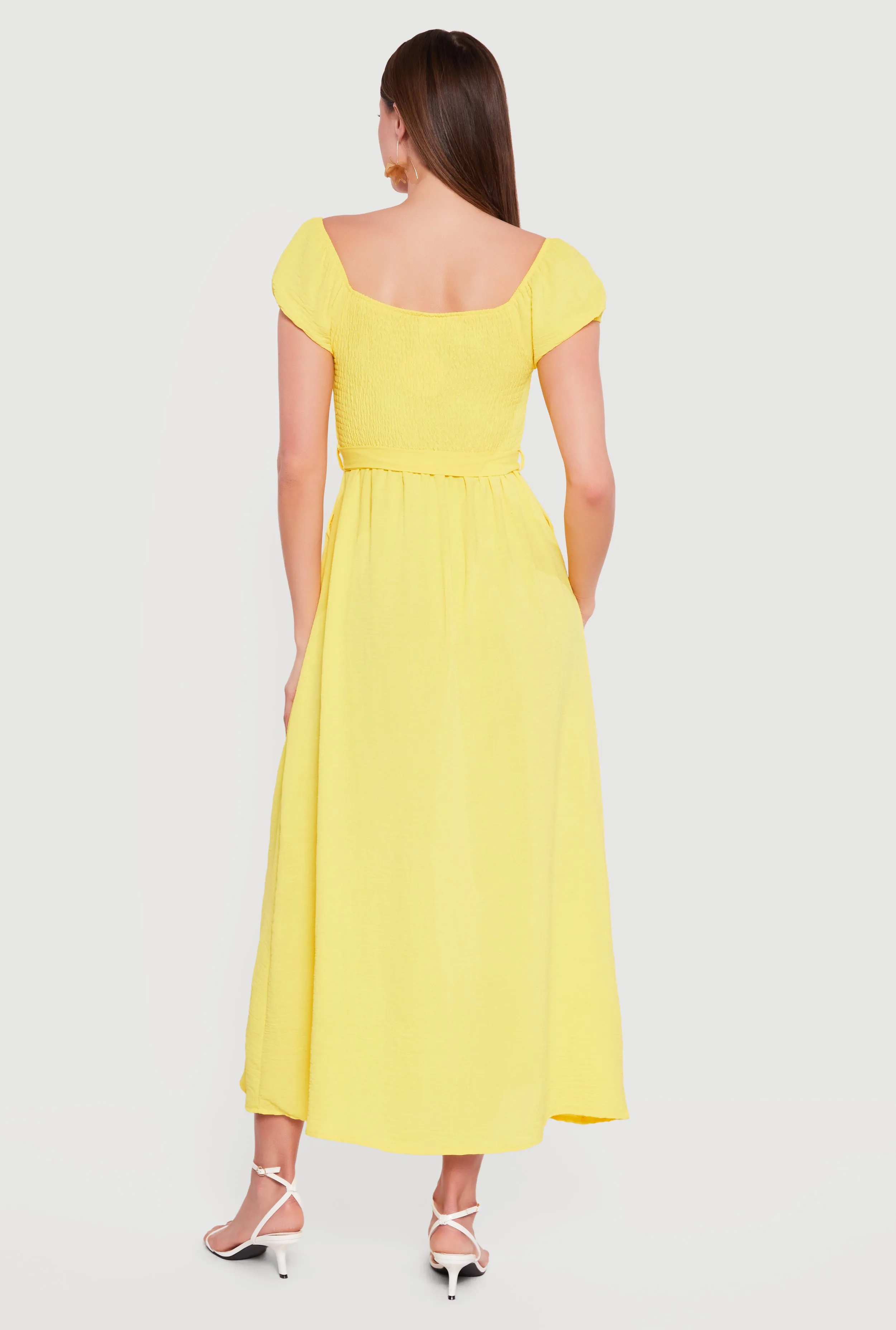 Puff Cap Sleeve Smocked Maxi Dress with Tie Waist Belt sold by Rainbow product image thumbnail 3