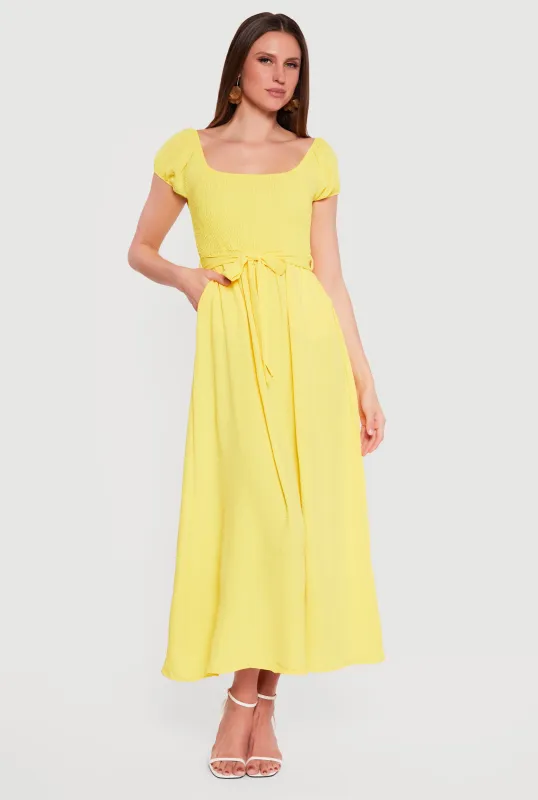 Puff Cap Sleeve Smocked Maxi Dress with Tie Waist Belt sold by Rainbow