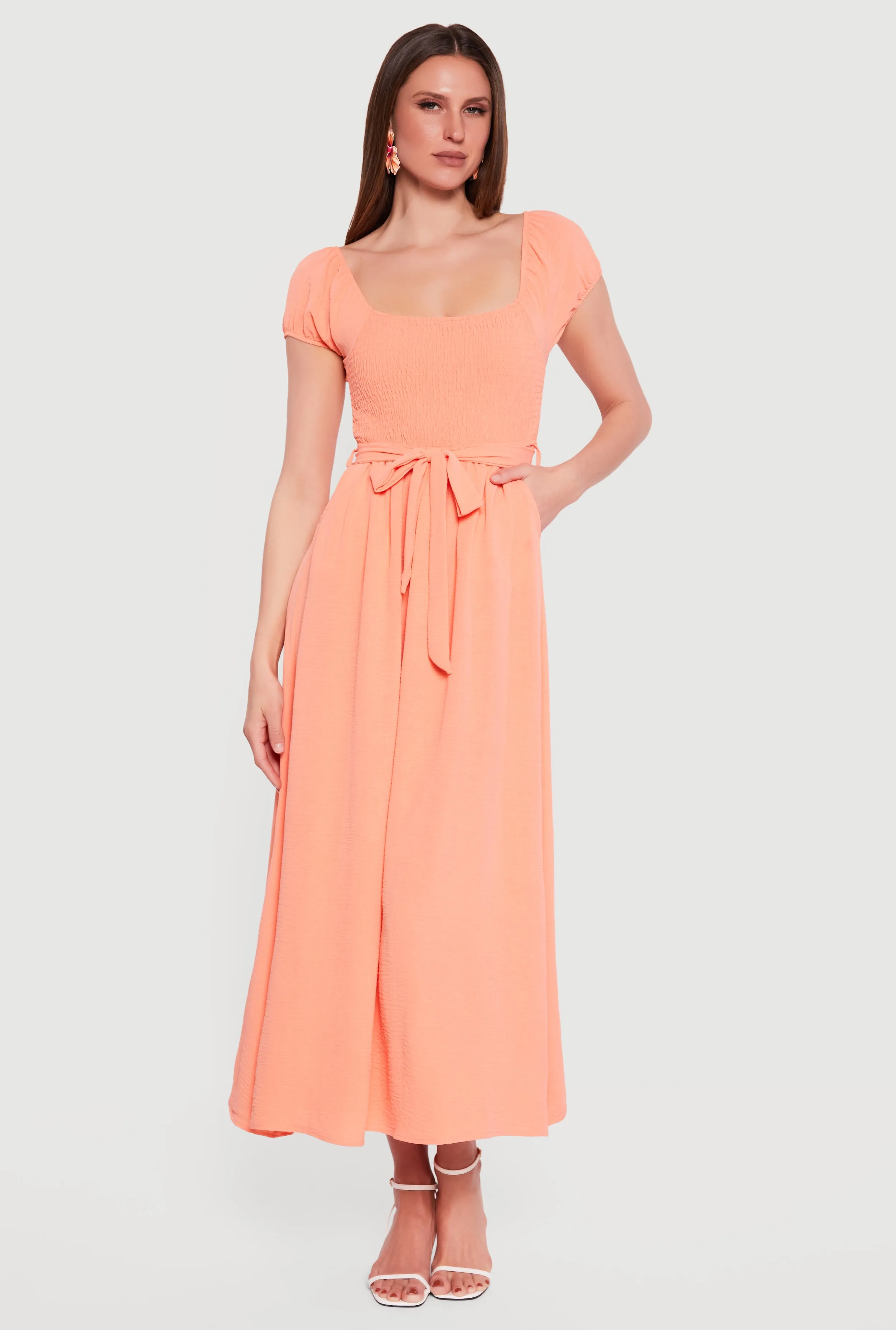 Puff Cap Sleeve Smocked Maxi Dress with Tie Waist Belt sold by Rainbow