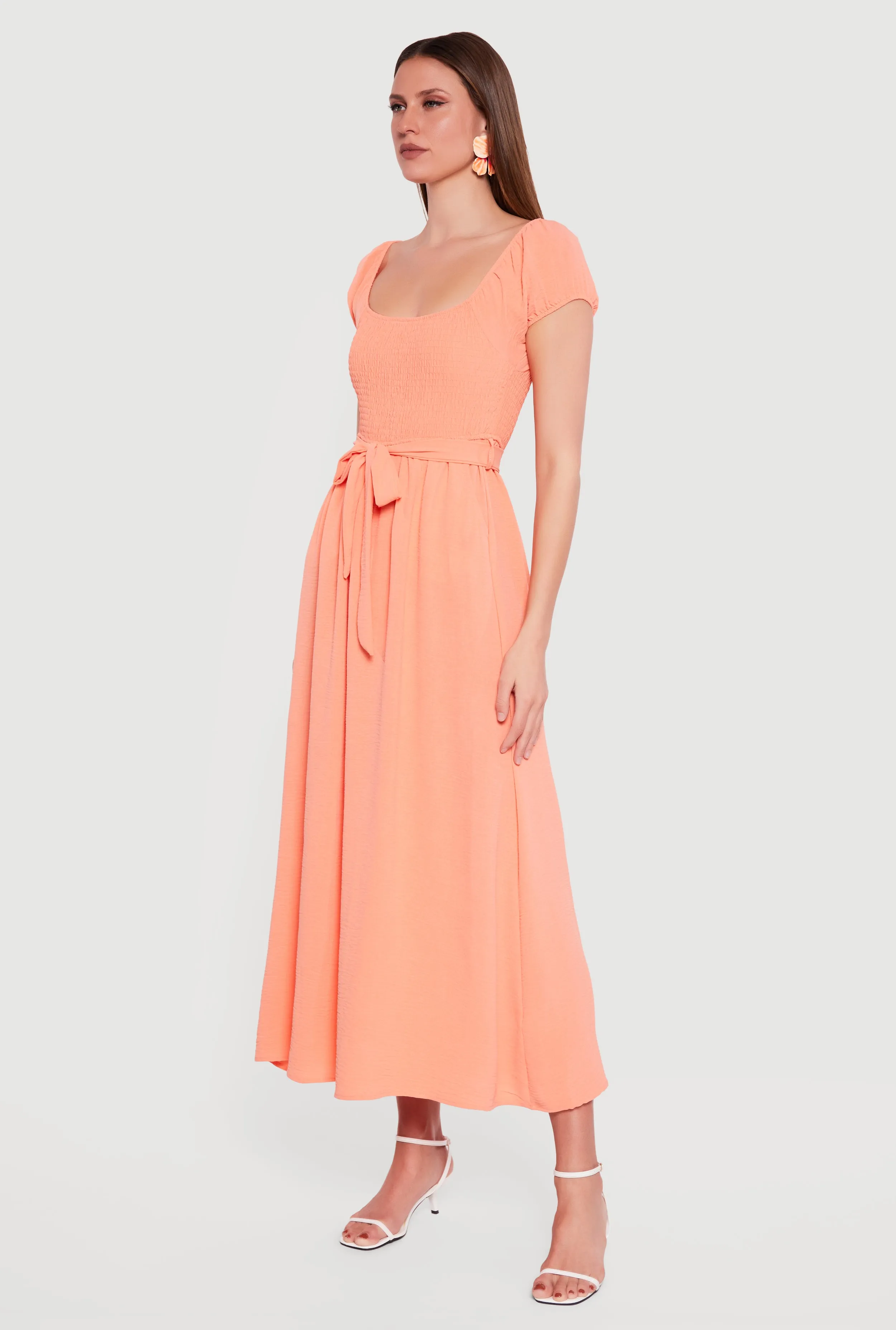 Puff Cap Sleeve Smocked Maxi Dress with Tie Waist Belt sold by Rainbow product image thumbnail 2