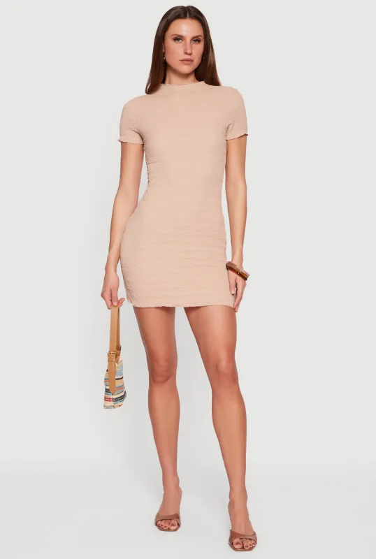 Textured Knit Mock Neck Short Sleeve Mini Dress sold by Rainbow