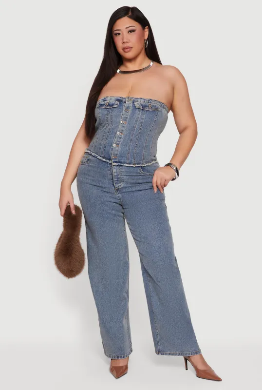 Plus Size Strapless Button Front Denim Jumpsuit sold by Rainbow