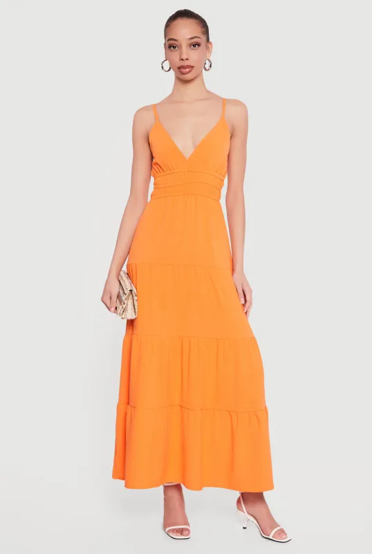 Solid Crepe Knit Tiered Maxi Dress sold by Rainbow