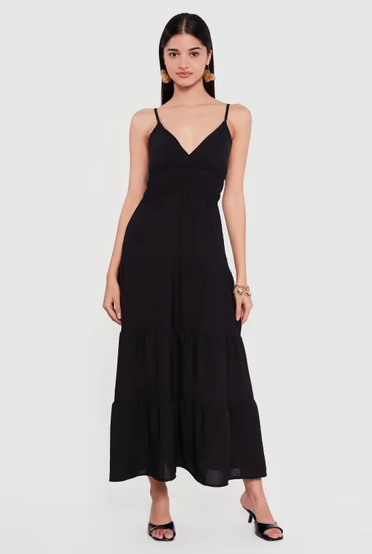 Solid Crepe Knit Tiered Maxi Dress sold by Rainbow